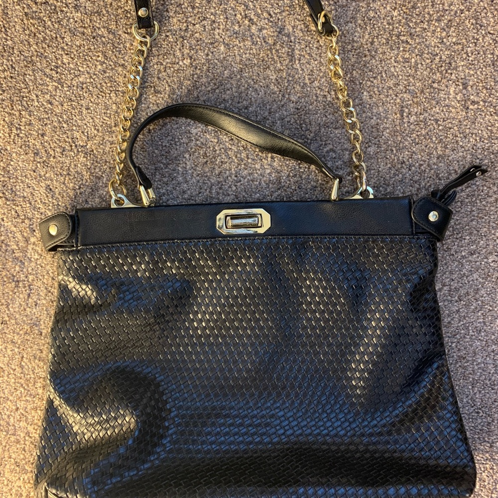 Olivia joy black weave faux leather shoulder purse